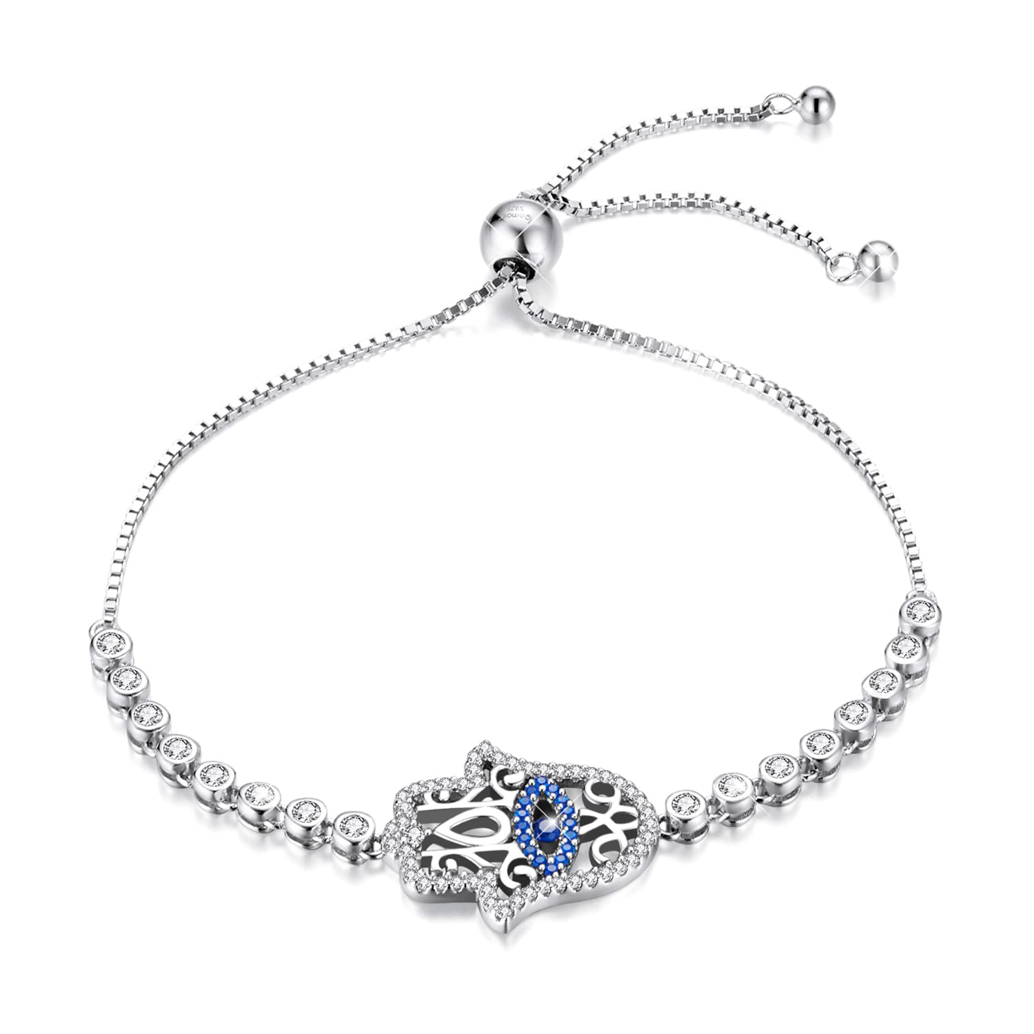 BISAERBISAER 925 Sterling Silver Blue Evil Eye Bracelet with Cubic Zirconia Hamsa Adjustable Chain Bracelets for Women