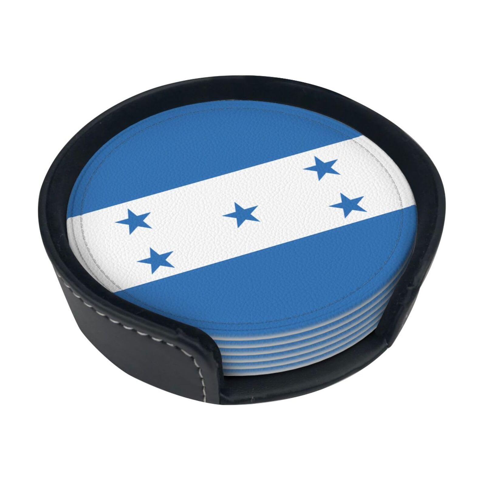 Cntdbu White Flag Of Honduras Leather Coasters Set Of 6-Pu Leather Drink Mats For Table, Heat Resistant Round Coasters With Holder