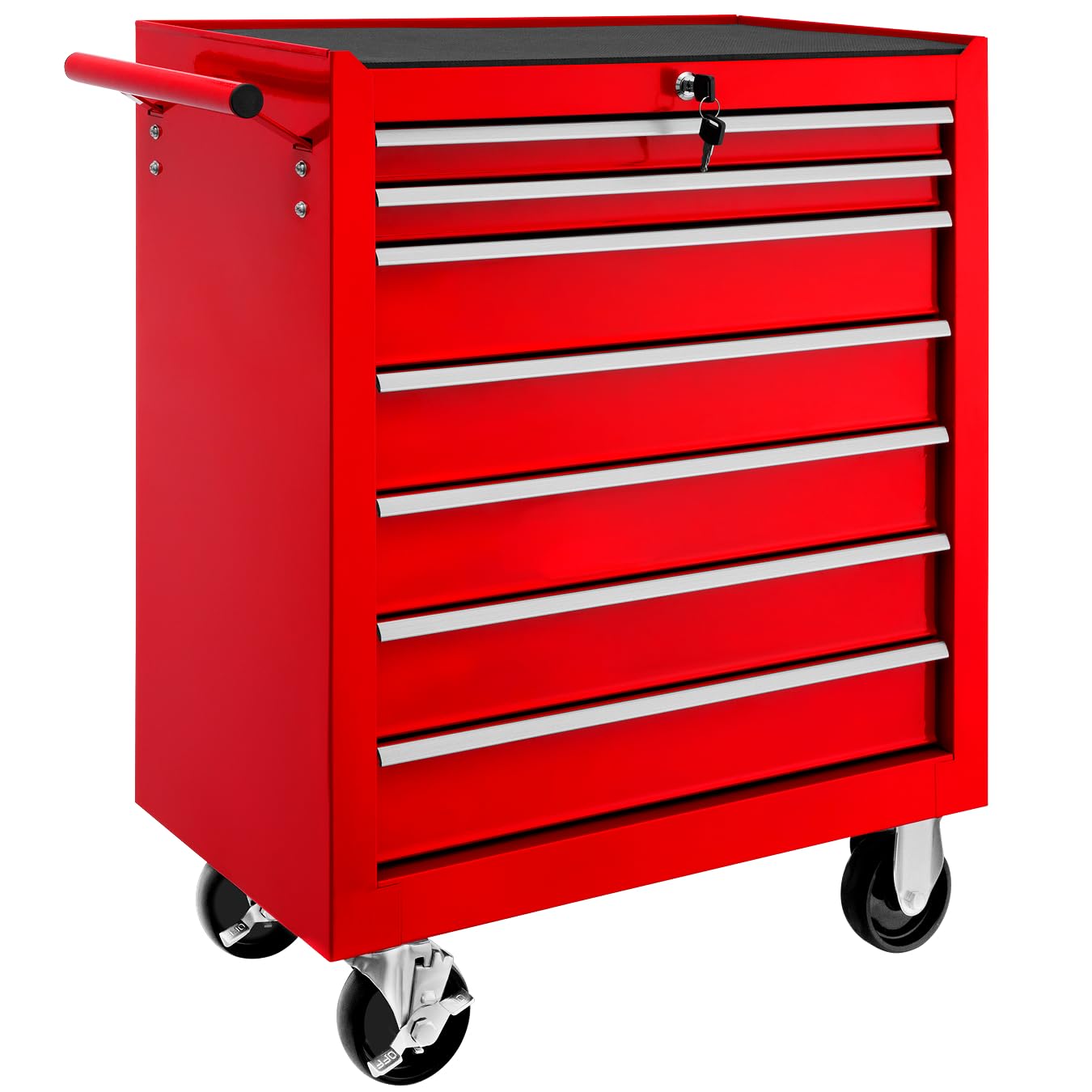 tectake® Tool Chest with 7 Drawers, Lock and Non-Slip Mats. Made with Powder Coated Steel, Ball Bearing Slides and 4 Wheels with Brakes. Durable Rolling Storage for Workshops. 150 kg Load - Red