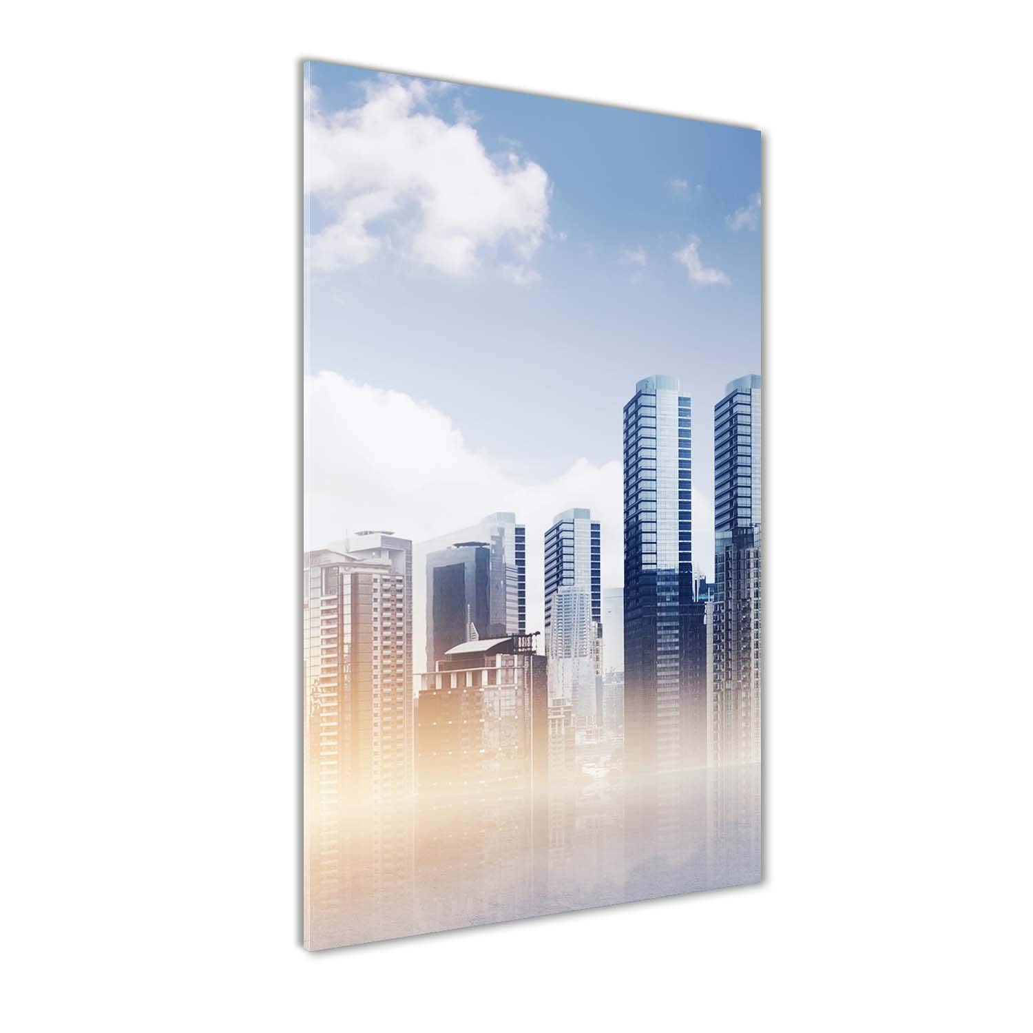 Tableau sur verre acrylique paysage bleu de gratte-ciel pour sublimer le design du salon