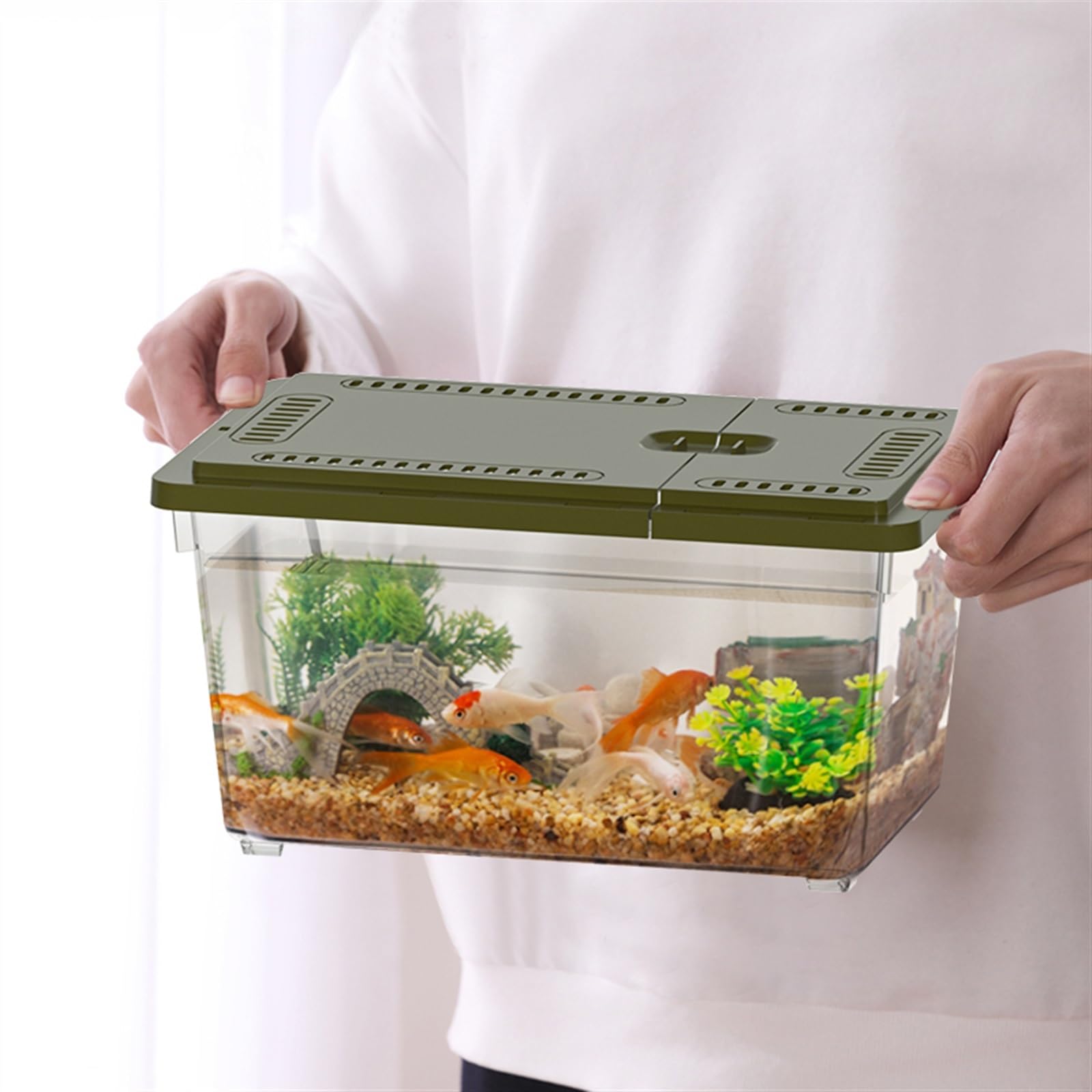 Mały Akwarium dla ryb domowych, zbiornik na żółwie, specjalny pojemnik, pudełko do karmienia z przesuwaną pokrywą Złota rybka(Green,27x17.5x14.5cm)