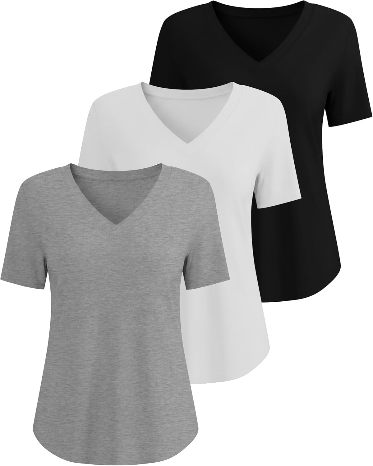 Ficerd 3 Pack Women's Short Sleeve T-Shirts V Neck Tunic Tops Casual Summer Curved Hem Tees Loose Fit Solid Basic Tshirt 2026