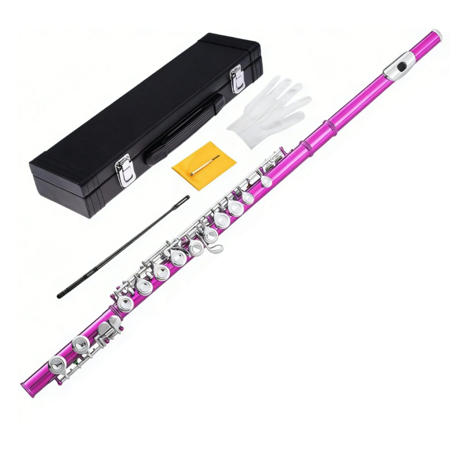 Flauto Traverso Placcato per Principianti 16 Tasti C Foro Imboccatura Angolato Meccanismo Offset Cupronickel Robusto Cuscinetti Pelle Adatto a Studenti Musica Concerto Banda, Rosso+Rose