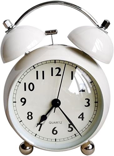 Miniatura 1 de Reloj despertador de campana doble con luz de fondo para dormitorio, reloj de escritorio con batería sin tictac (blanco cremoso)