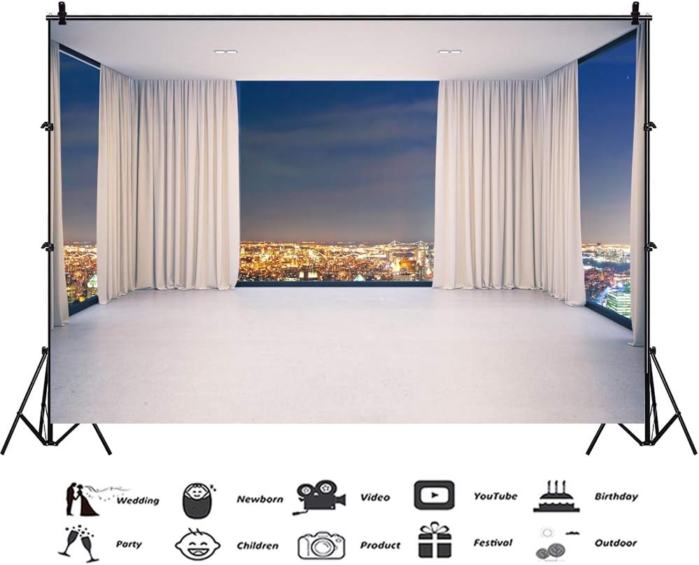 🛒 Flash Sale Haoyiyi 10x6.5ft Modern Interior Backdrop Night City View Background French Windows White Room Curtains Photography Photo Vintage Elegant Indoor Decoration Photo Booth Props Wallpaper