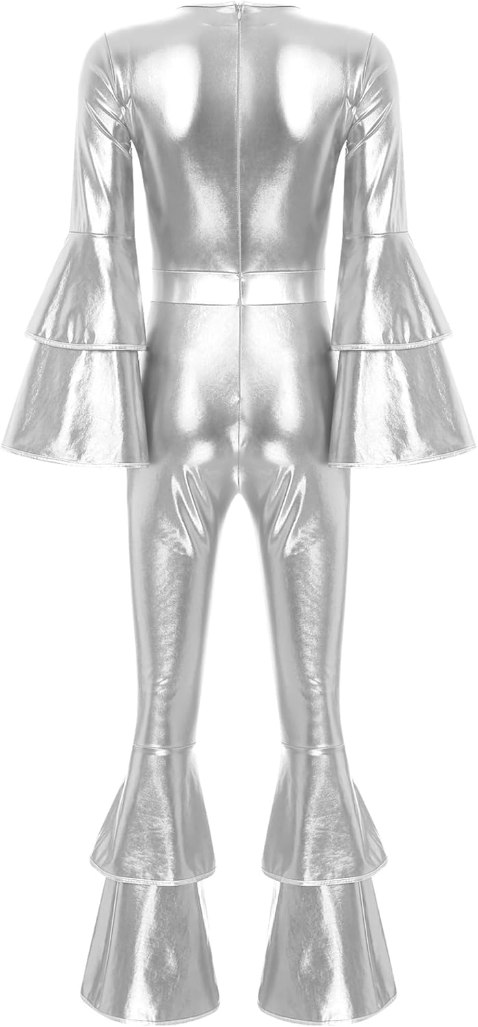 Linjinx Women's Shiny Metallic Jumpsuit Costume Tiered Flare Sleeve Bell Bottom Hippie Romper