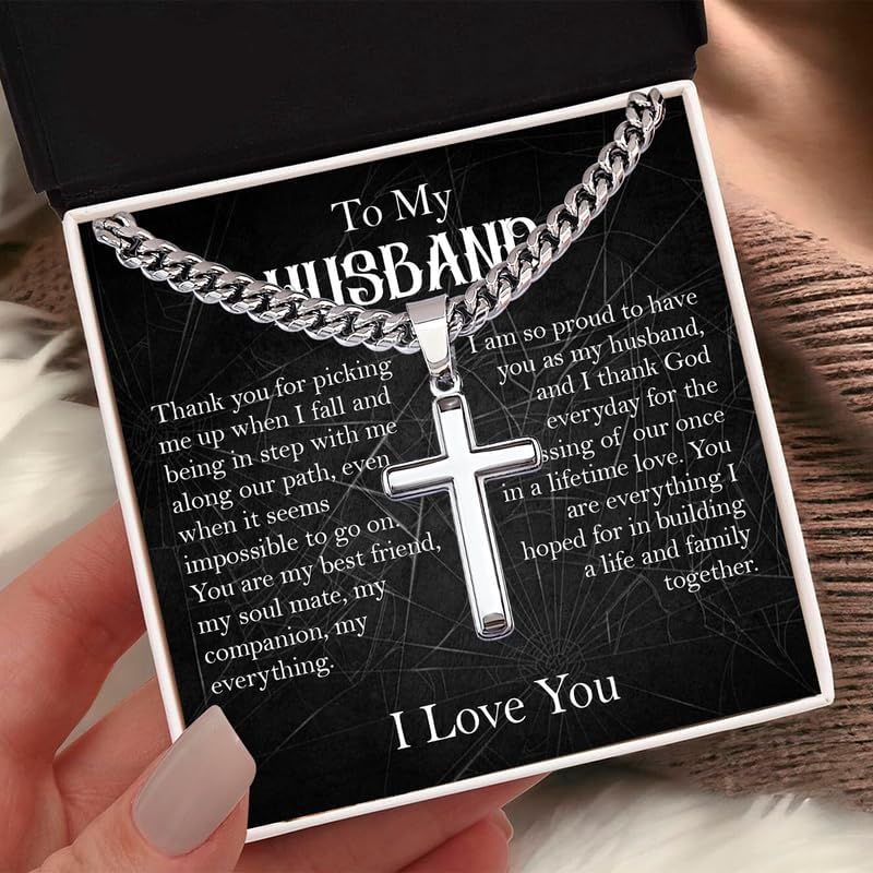 Cross Cuban Chain Necklace - Promise Necklace for Him, Necklace for Husband, Mens Necklace for Fiance, Valentine's Day - Image 3