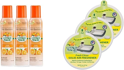 Citrus Magic Ambientador en aerosol natural (explosión naranja) y ambientador sólido absorbente de olores de mascotas Citrus Magic
