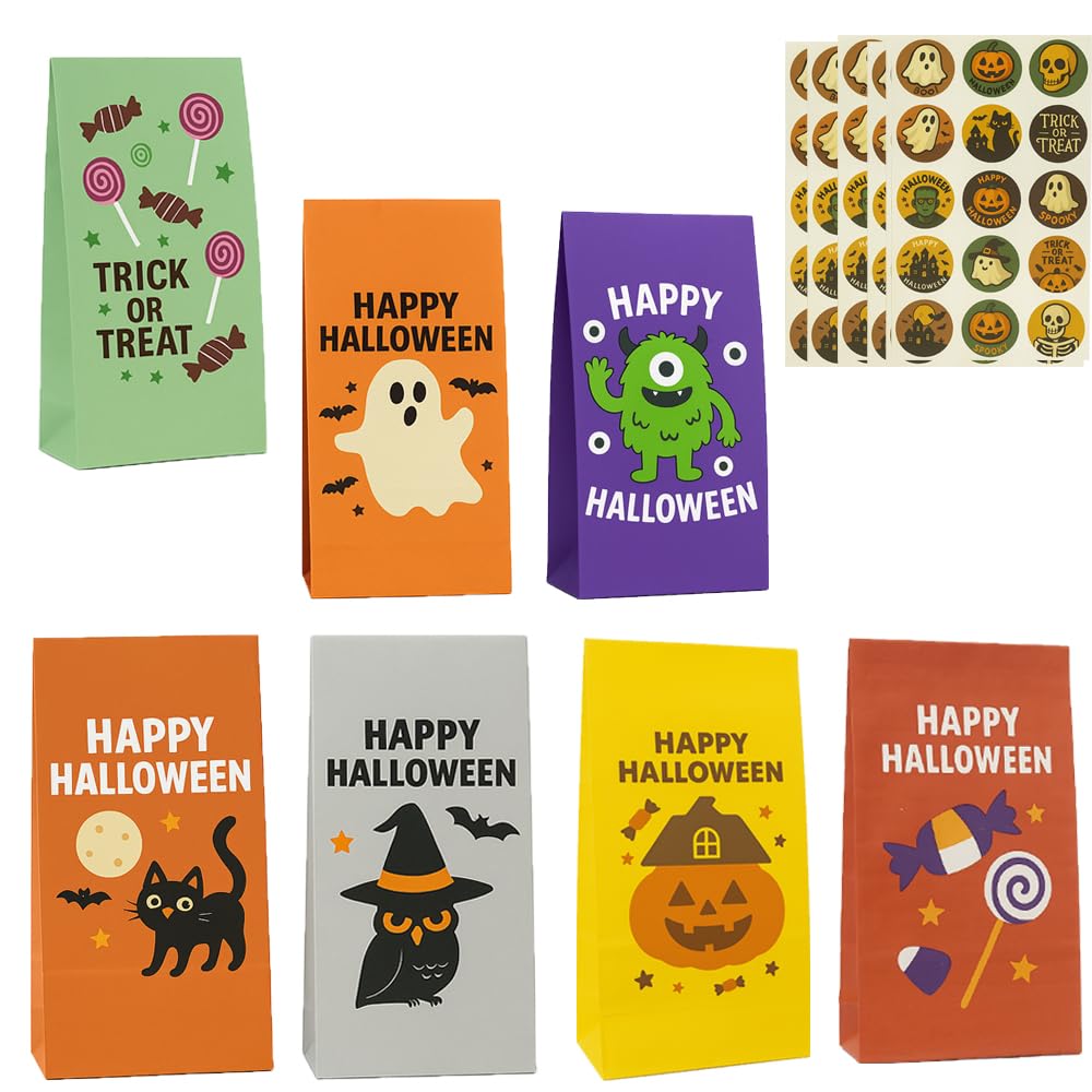 Halloween Bags 84 Pcs Candy Bags for Trick-or-Treating + 90 Stickers, Halloween Party Bags for Treats, Snacks, Party Supplies