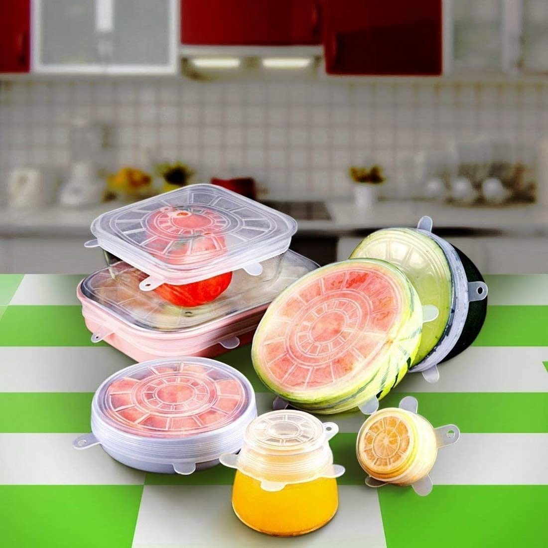 Orbica Stretchable Silicone Reusable Lid for Utensils, Bowls, Dishes,Plates Jars, Cans, Mugs, Food Flexible Microwave Safe Covers 6 Pcs, Random Color 1