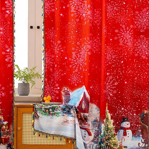 Image of Red Christmas Curtains 54 Inches Long, Santa Snowflake Light Filtering Rod Pocket Drapes with Tassel Trim for Bedroom Living Room, 2 Panels