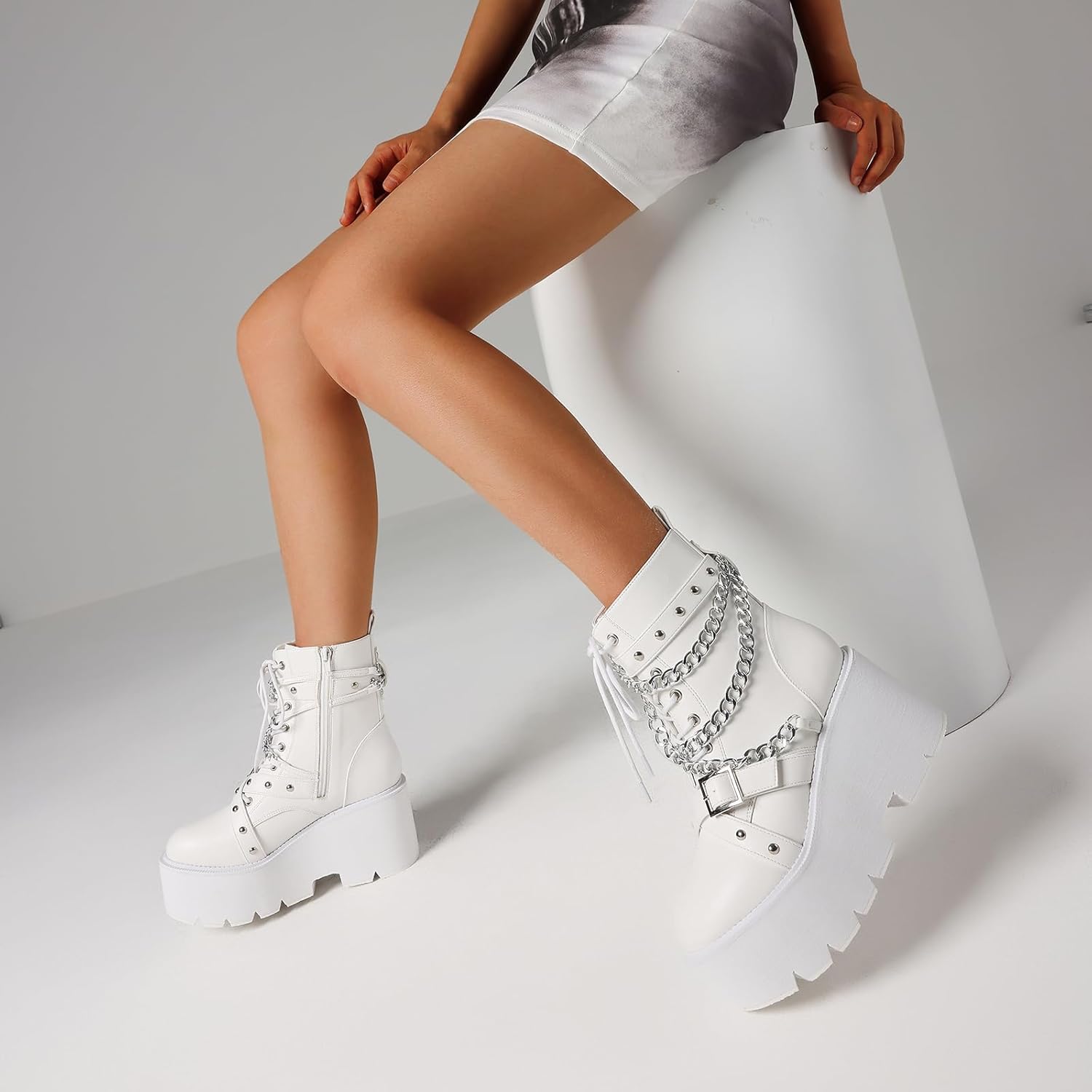 mikarka Women's Chain Platform Boots Lace Up & Zipper Chunky Heel Black Combat Ankle Booties Fashion Studded Motorcycle Boots - Image 5