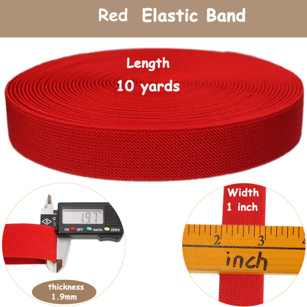 JESEP JSPEC001 - Banda elástica de punto de 1 pulgada y 10 yardas, color rojo, de doble cara, tejido de sarga elástica, carrete elástico pesado para coser pantalones, cintura, pelucas, faldas