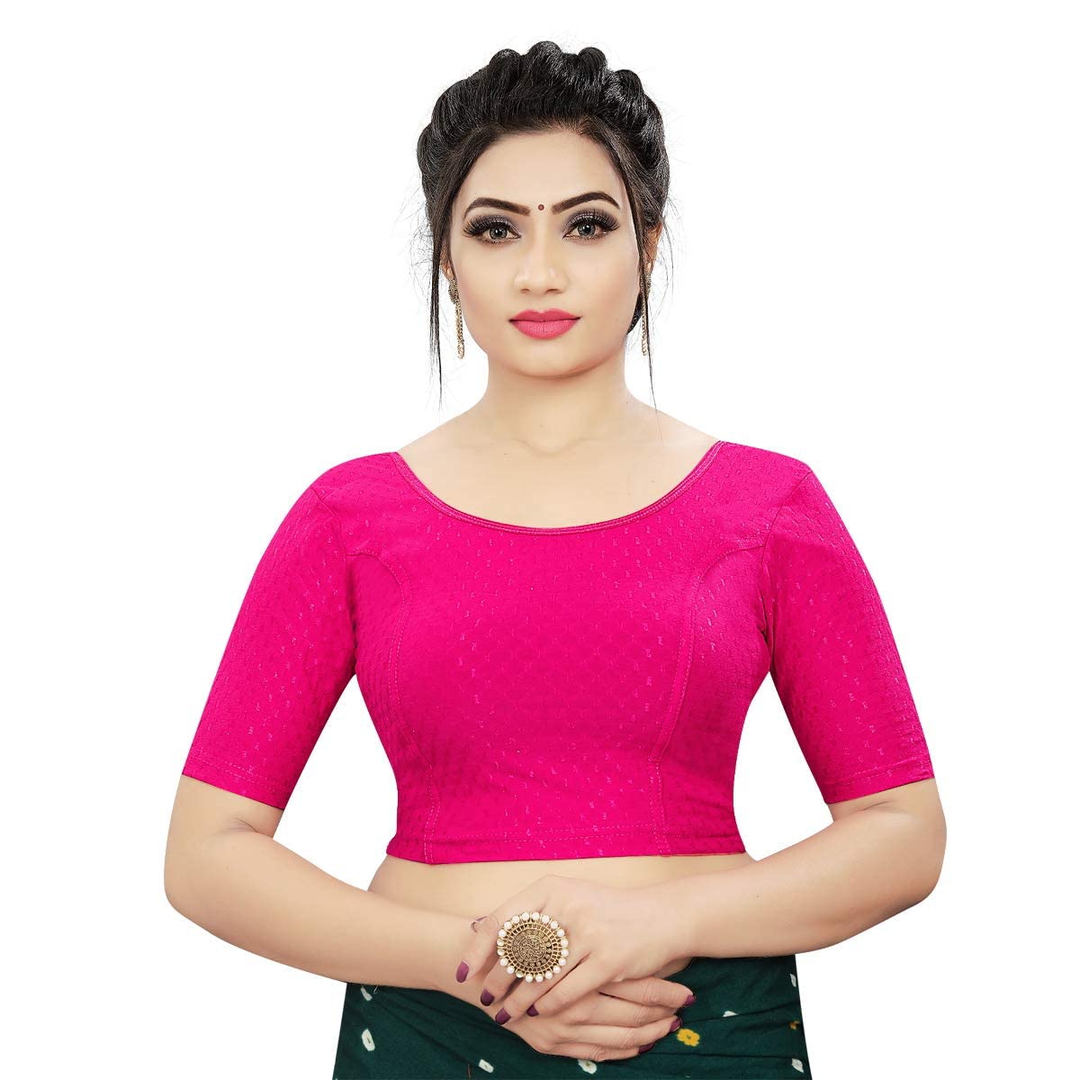 sidhidata Round Neck Dobby Cotton Lycra Stretchable Elbow Sleeve Readymade Saree Blouse for Women Stylish (Free Size)-picture-29