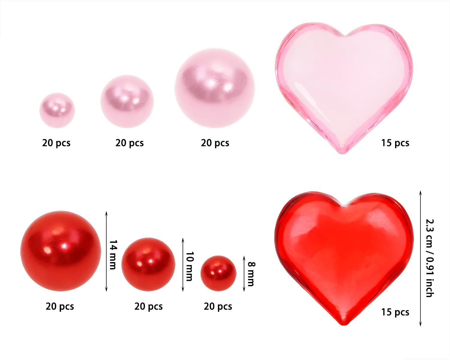 PENTA ANGEL Valentine’s Day Pearl Vase Fillers 150Pcs Pink Red Floating Faux Pearl Beads Acrylic Heart Pieces for Holiday Wedding Home Table Centerpiece Decoration (150)