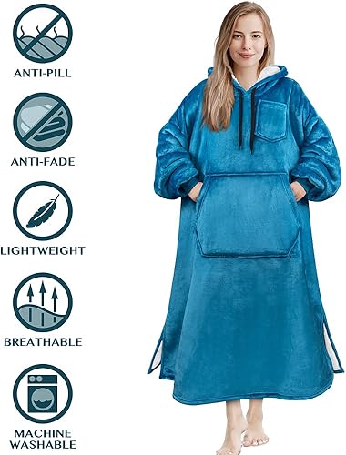 Miniatura 9 de PAVILIA Manta con capucha para mujer, manta Sherpa para hombre, acogedora manta de gran tamaño, sudadera con capucha, Azul Teal