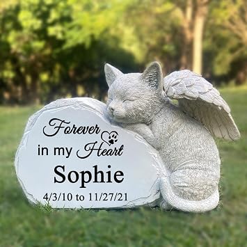 Personalized Pet Cat Memorial Stone with A Sleeping Cat Angel Statue, Cat Grave Markers, Cat Headstone Tombstone-Forever in My Hearts