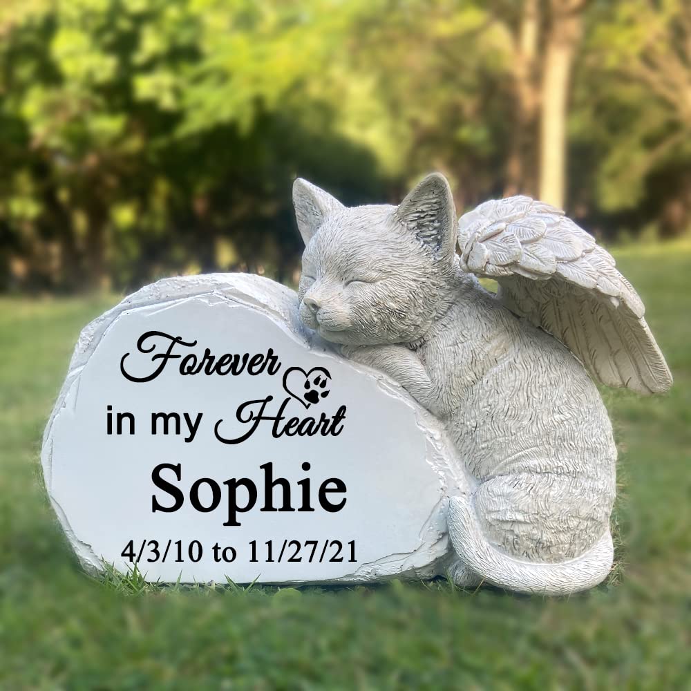 LAGGATTS Personalized Pet Cat Memorial Stone with A Sleeping Cat Angel Statue, Cat Grave Markers, Cat Headstone Tombstone-Forever in My Hearts