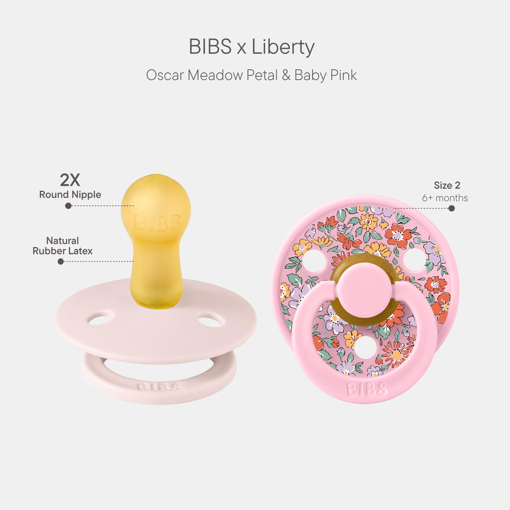 Tétine BIBS Liberty. Lot de 2 sucettes. Sans bisphénol A, Téterelle ronde. Latex de caoutchouc naturel, Fabriqué au Danemark, Taille 2 (6-18 mois), Blossom/Baby Pink - 2