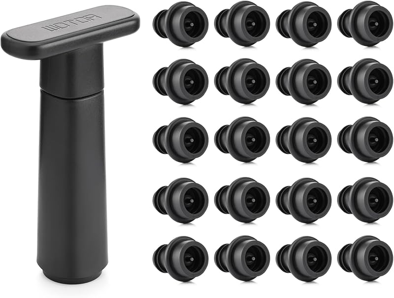 WOTOR Bomba de vacío Wine Saver con 20 tapones, conservador de vino, negro | Sellador de botellas reutilizable, mantiene fresco, regalo de accesorios ideal