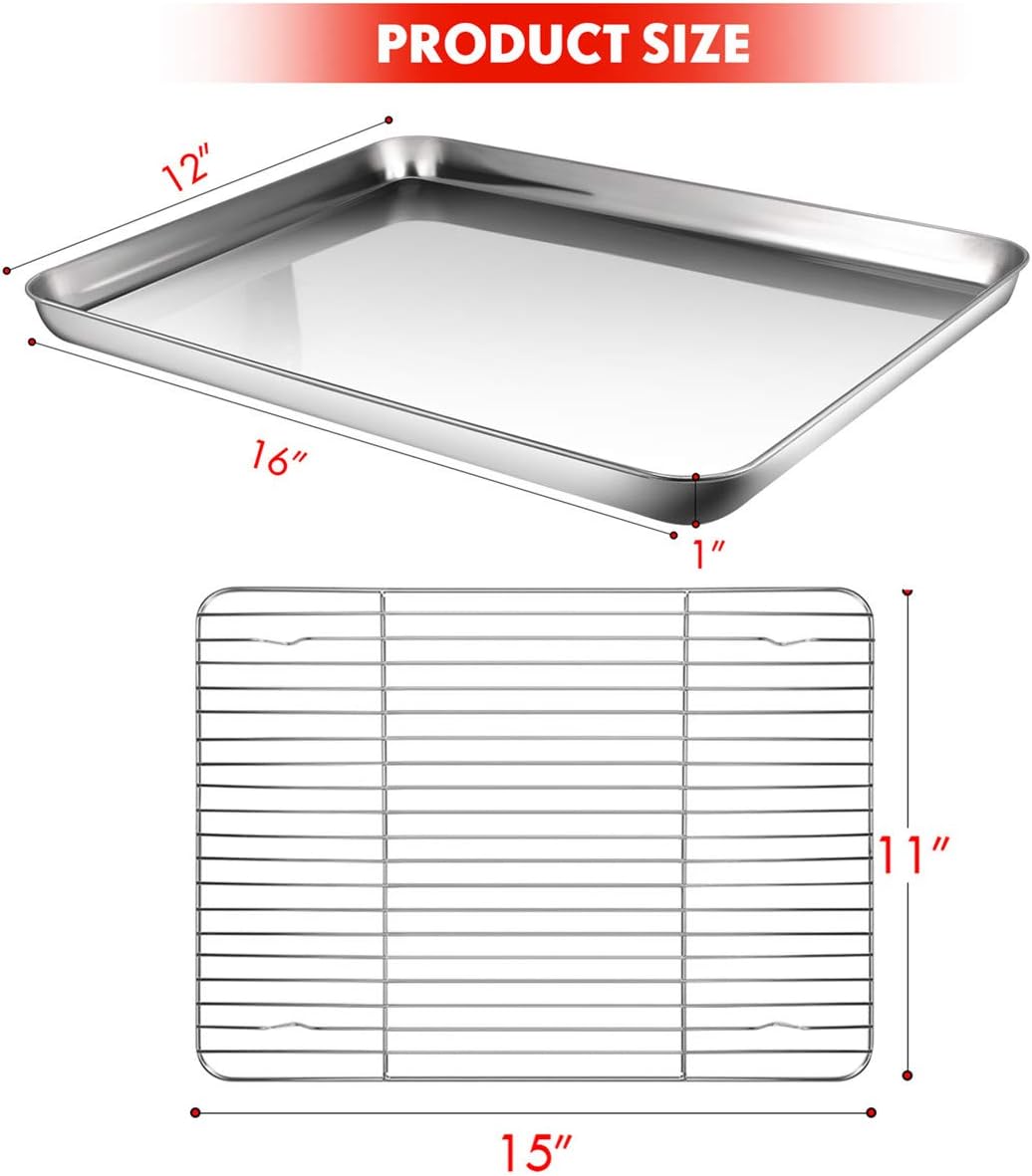 Baking Sheet with Rack Set, AASELM 2 Sets Stainless Steel Cookie Sheet with Cooling Rack, Non Toxic & Healthy, Mirror Finish & Rust Free, Easy Clean & Dishwasher Safe