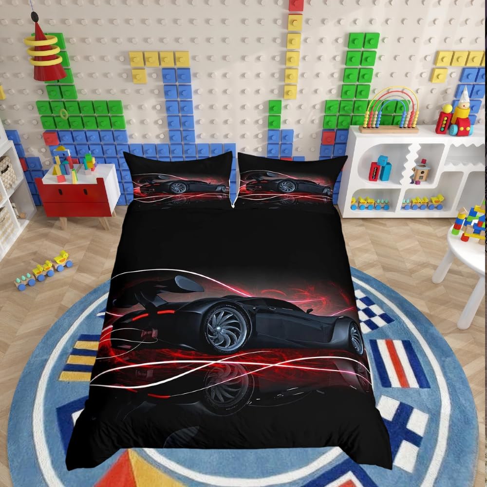 Loussiesd Boys Uksx1601lyp Black Red Car Duvet Cover Set Single Size For Kids Teens Men Speed Sports Car Bedding Set Comforter Cover With 1Pillow Shams Zipper Ultra Soft Microfiber Automobile Bedspread Cover