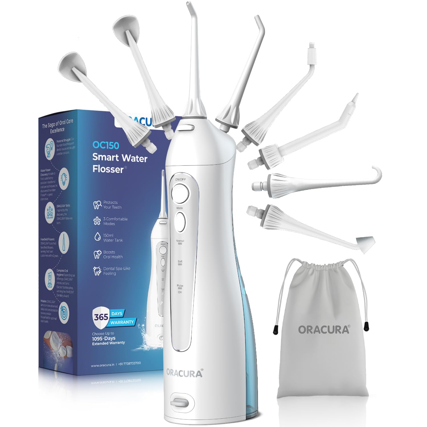 ORACURA OC150 Dental PRO Smart Water Flosser White, 150ml water tank capacity, Portable & Rechargeable, 3 Modes, 365 Days Warranty (B013GU4EHU) Amazon Price History, Amazon Price Tracker