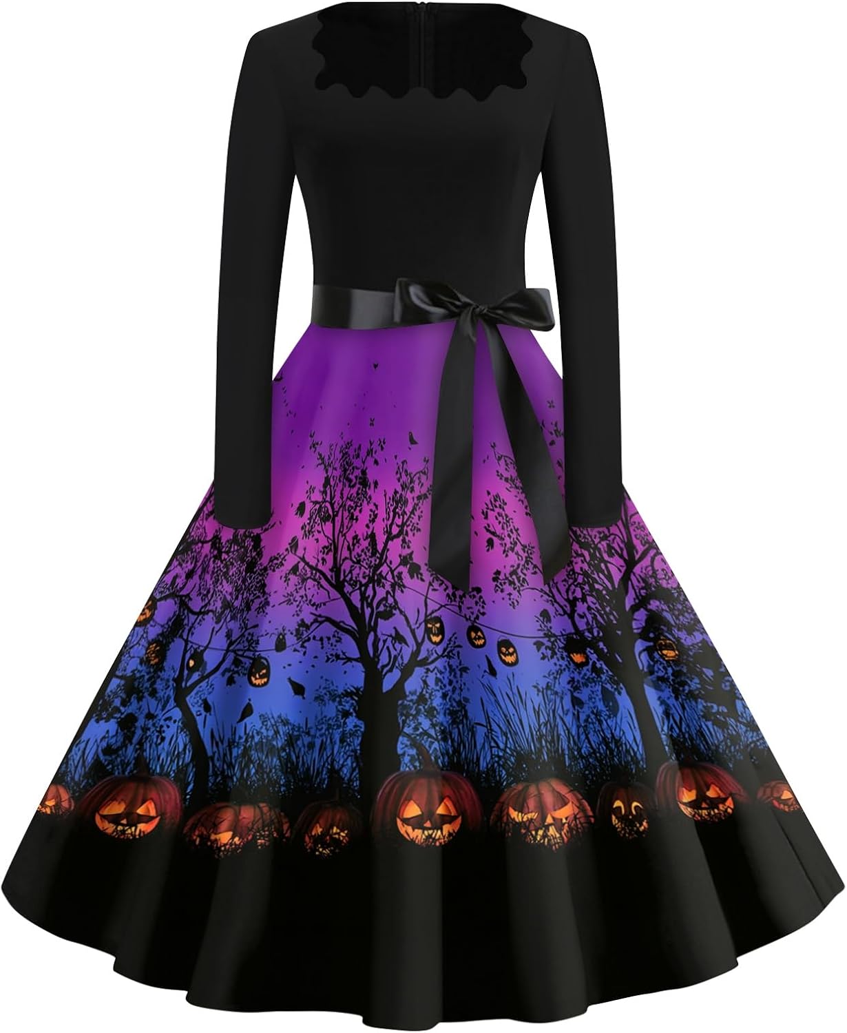 Womens 1950s Retro Vintage Halloween Swing Dress Long Sleeve Square Neck