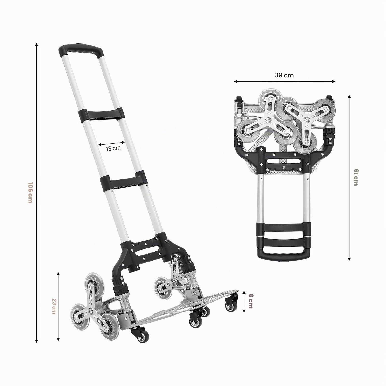Chariot d'escalier pliable, diable en aluminium, poignée réglable en hauteur sur trois niveaux, roues silencieuses et sac étanche amovible pour déménagement et objets lourds