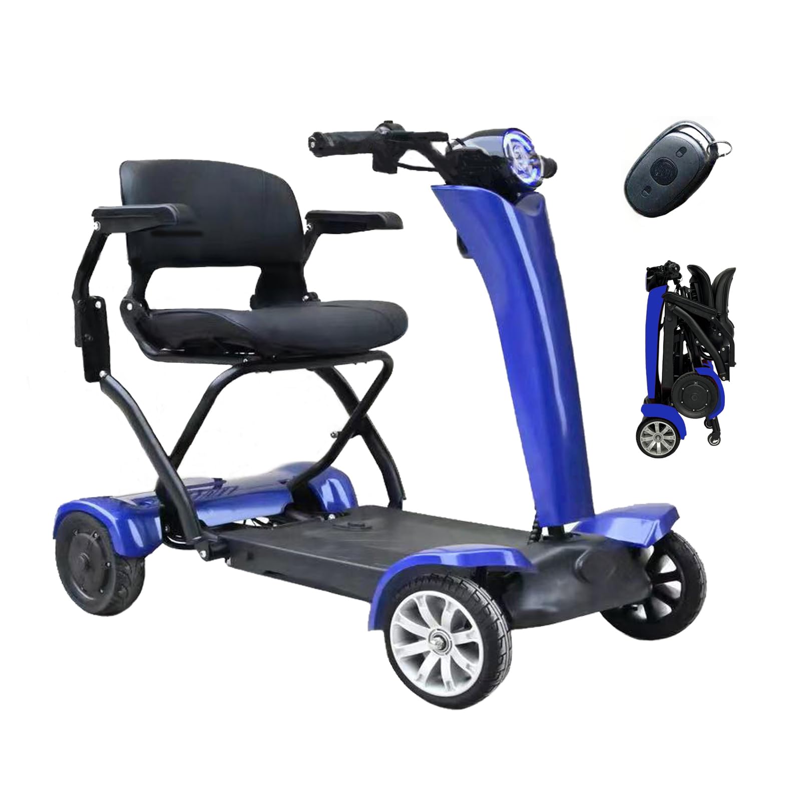 AWYBB4 Wheel Mobility Scooter,Folding 4 Wheel Mobility Scooter One Click Fold and Unfold with LED Headlights and Charger Auto Folding Electric Mobility Scooter Portable Travel Scooter (Blue)