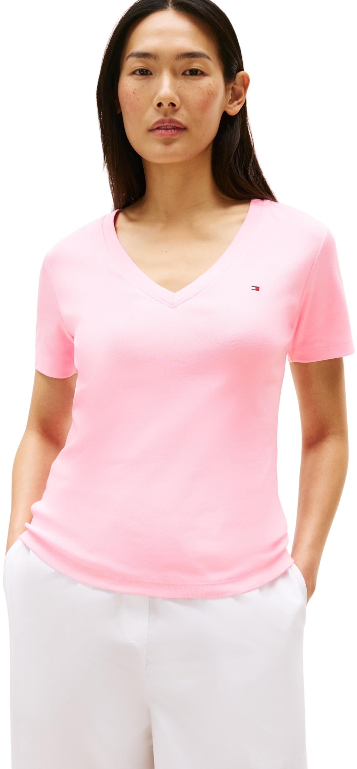 Tommy Hilfiger Women’s Short Sleeve T-Shirt New Slim Cody V-Neck, Pink (Classic Pink), L