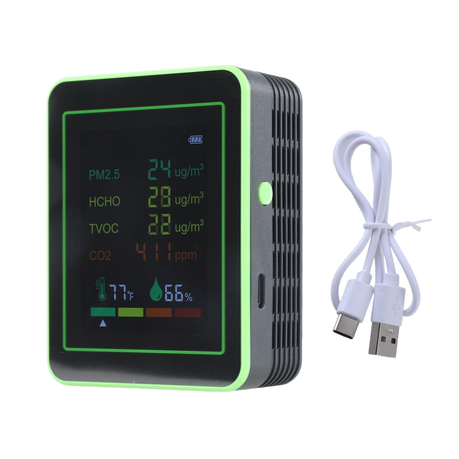 Buxuaaaa Black And Green Easy To Use Indoor Accurate Air Analysis Co2, Temperature, Humidity, Tvoc, Formaldehyde, Hcho Levels Tvoc Sensing