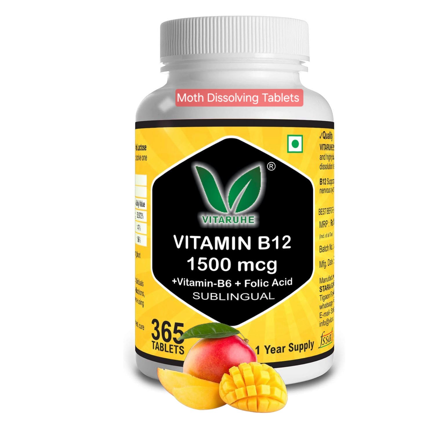VITARUHE® Vitamin B12 High Dose+ B6/Folic Acid, 365 Tablets Methylcobalamin & Sublingual for Maximum Effects, Vegan, 365 Tablets for 1 year Mango Flavour