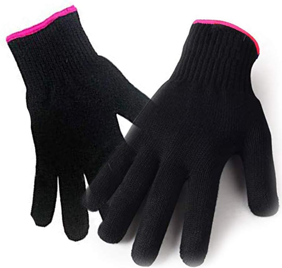 2 Heat Resistant Glove for Hair Styling, Curling Iron, Flat Iron and Curling Wand, Black, Pink Edge
