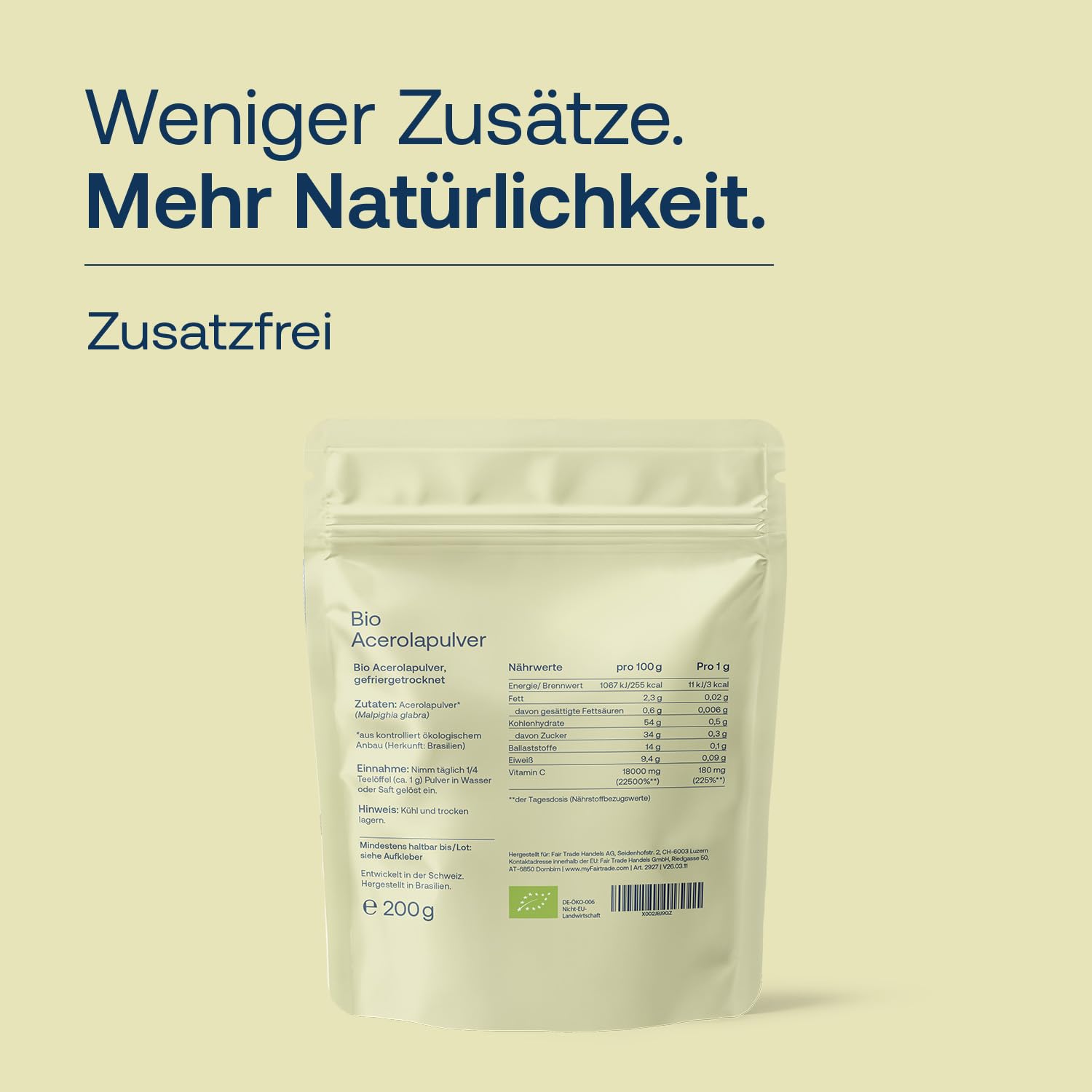 Effective Nature - Bio Acerola Pulver - Vitamin C aus der Acerolakirsche - Hochdosiert & ohne Zusätze - Natürliches Vitamin C Pulver schonend getrocknet - vegan