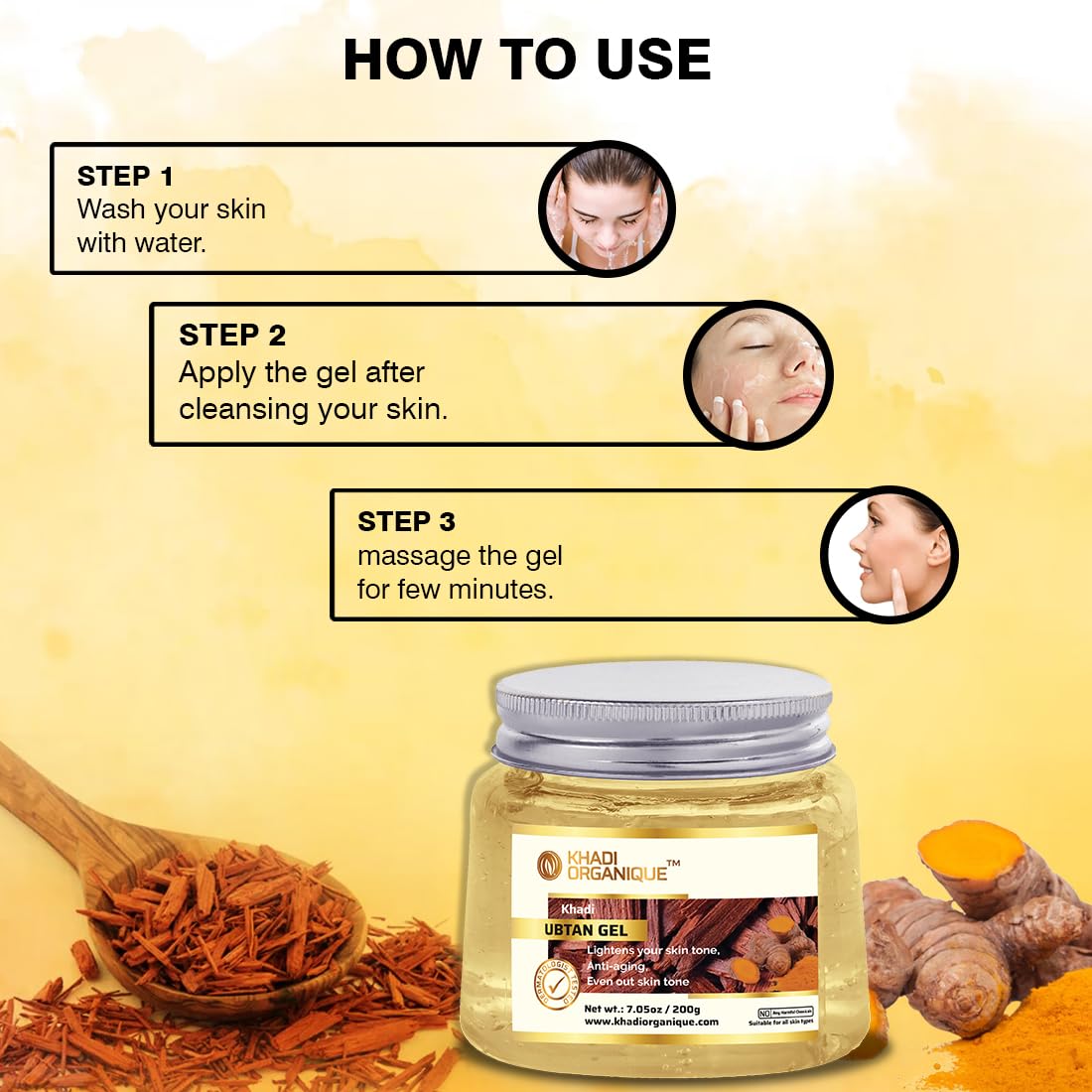 Khadi Organique Ubtan Gel for Glowing & Hydrated Skin | Enriched with Aloe Vera, Turmeric, Sandalwood & Chamomile | Anti-Aging, Anti-Inflammatory, Sun Tan Removal | For All Skin Types β 200g 4