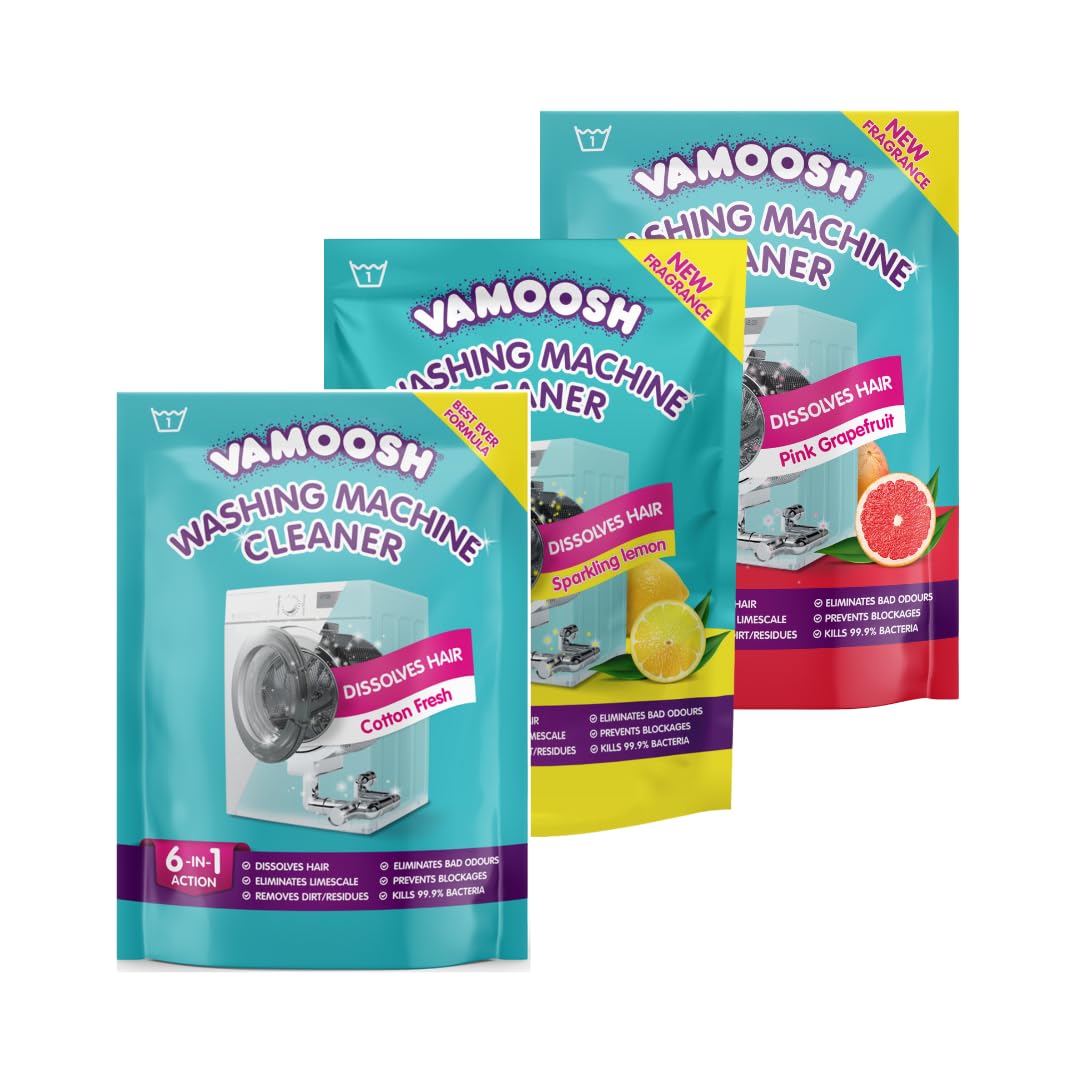 Vamoosh 6-in-1 Washing Machine Cleaner | Safe for All Machines (Front &amp; Top Load) | Patented Hair Dissolving Formula | Deep Clean | Eliminates Odor | Descales | Prevents Blockages | Variety 6-Pack