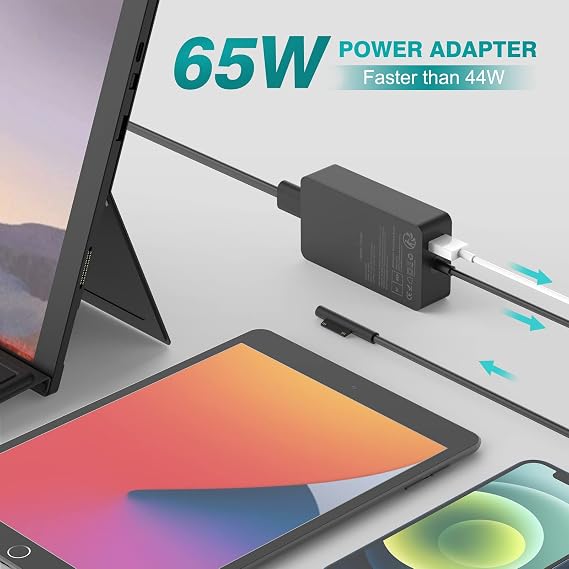Surface Charging Cable 65W 15V 4A Charger Compatible with Microsoft Surface Pro 11/10/9/8/7/Pro 7+/6/5/4/3/X Sur-face Laptop 7/6/5/4/3/2 Go 4/3/2 Book 3/2/1 65W Power Supply with USB Port