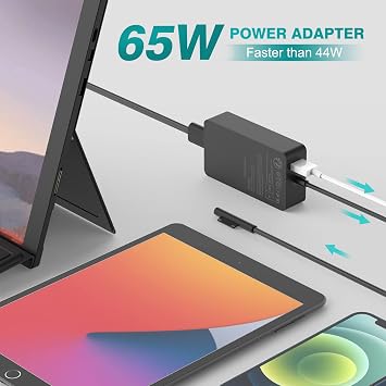 Surface Charging Cable 65W 15V 4A Charger Compatible with Microsoft Surface Pro 11/10/9/8/7/Pro 7+/6/5/4/3/X Sur-face Laptop 7/6/5/4/3/2 Go 4/3/2 Book 3/2/1 65W Power Supply with USB Port
