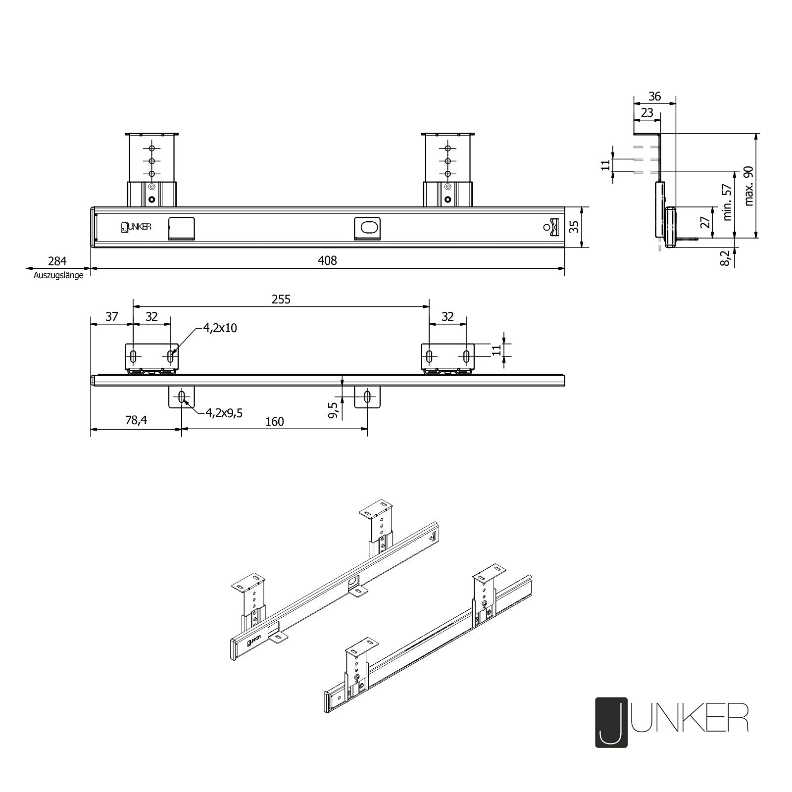 Junker KT1-30-H35-400-NF półka na klawiaturę, 400 mm, czarna (częściowe przedłużenie, z uchwytem montażowym, regulacja wysokości, maksymalne obciążenie 30 kg)