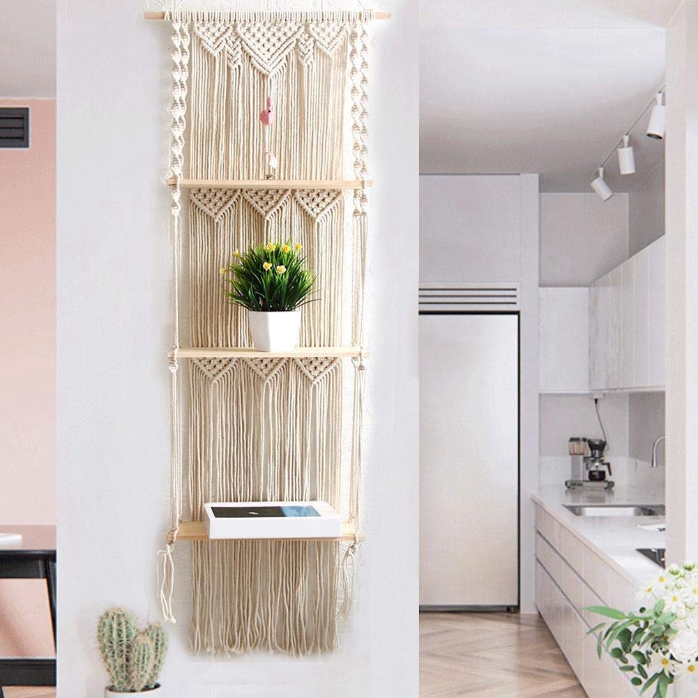 Jevina Boho Makramee Wandbehang Regal 3 Tier Handgefertigte Gewebte Quaste Organizer Regale Wand Schwimmende KleiderbüGel für Wohnkultur
