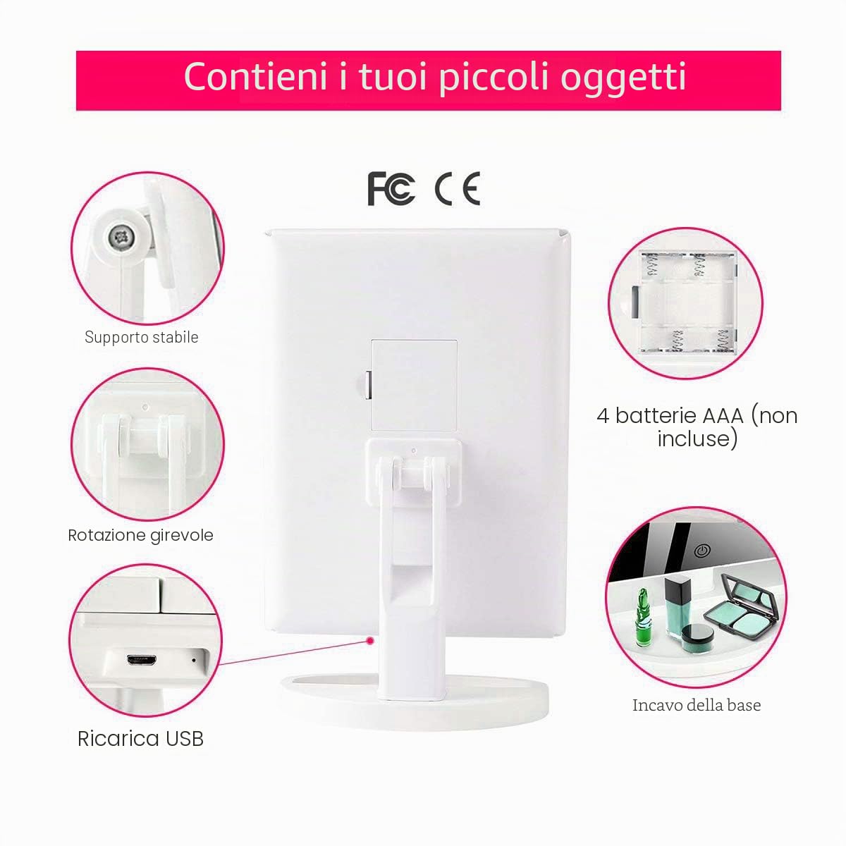 WEILY Specchietto per Il Trucco con Touch Screen Tri-Fold, ingrandimento 1x / 2X / 3X e Caricatore USB o Wireless, Luce LED Regolabile a 180 ° per Il banco da Viaggio Specchio per Il Trucco