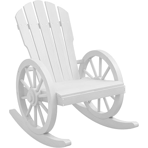 Outsunny Wooden Rocking Chair, Adirondack Rocker with Slatted Design and Oversized Back, Outdoor Rocking Chair with Wagon Wheel Armrest for Porch, Poolside, and Garden, White