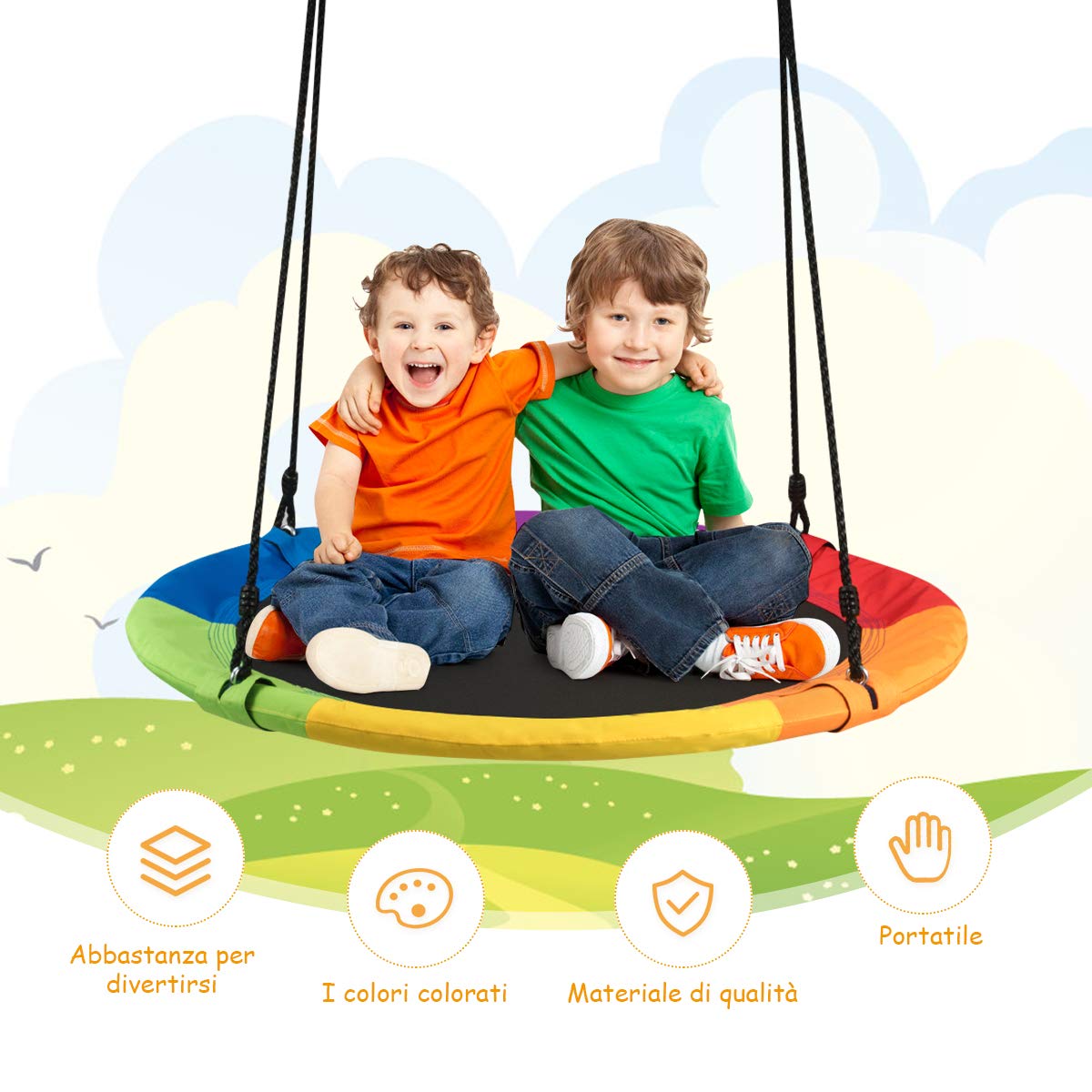 RELAX4LIFE Altalena da Giardino per Bambini, Rotonda a Nido per Esterno e Interno, Altezza Regolabile 100-160cm, per 2-3 Bambini, Carico massimo: 150kg (Colorato)