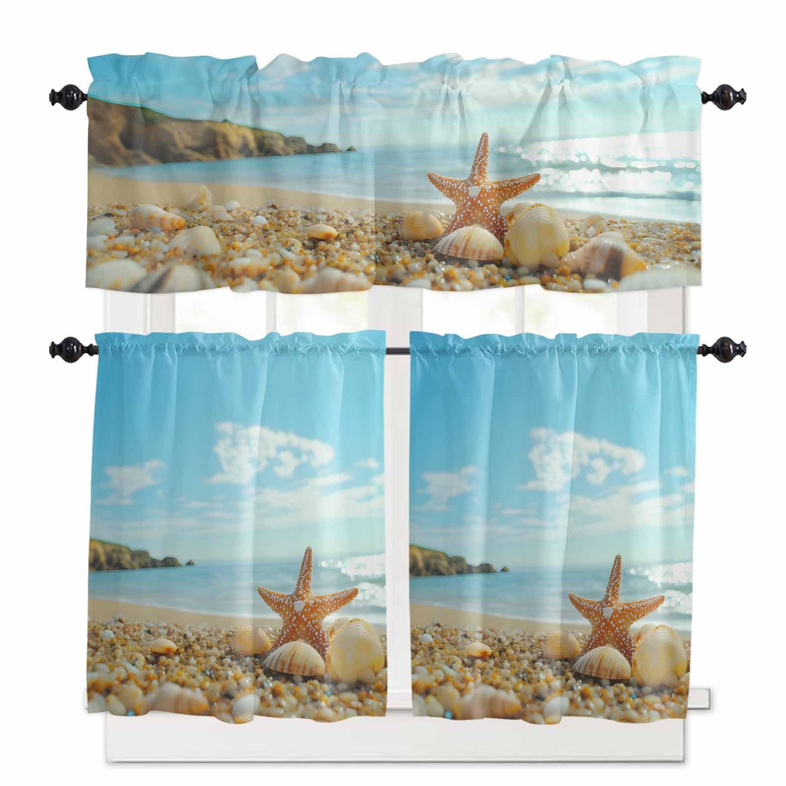 Coastal Starfish Kitchen Curtains 36 Inch Length, 3 Piece Rod Pocket Small Half Tiers and Valance Set, Modern Ocean Beach Conch Seashells Small Large Window Treatment Decor for Bedroom/Bathroom Sink