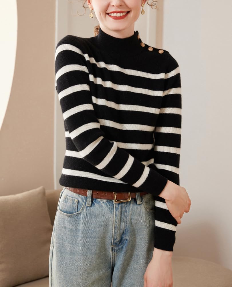 E-girl SPR2334 - Maglione da donna 95% cashmere con colletto alto, a maniche lunghe, in lana di cachemire a righe, sottile