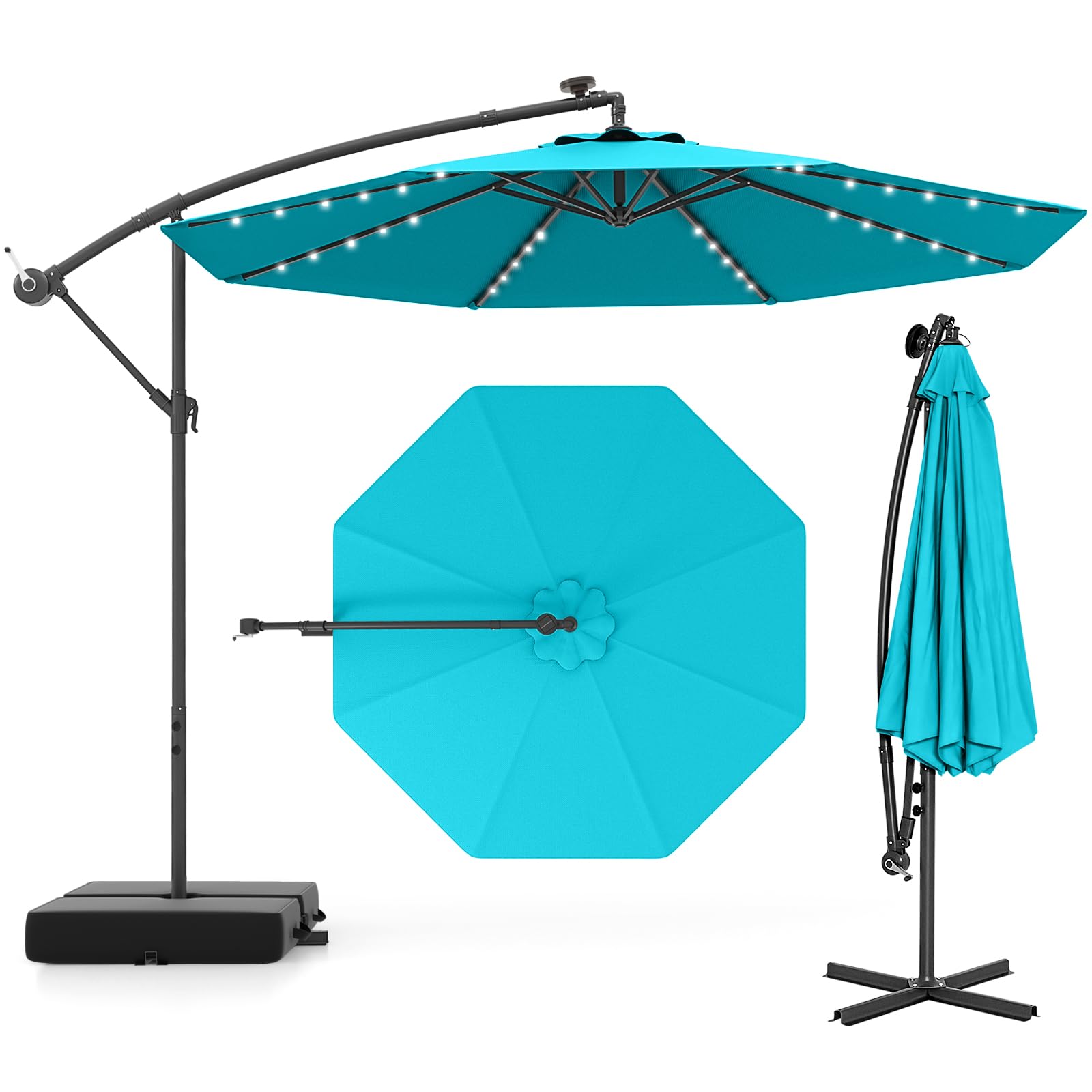 GOPLUS Sombrilla Jardín Ø 3m con 40 Luces LED Solares, Parasol Excentrico Inclinable con Manivela, Base Saco de Arena, Protección UV, Impermeable, Sombrilla Terraza Exterior Grande Piscina