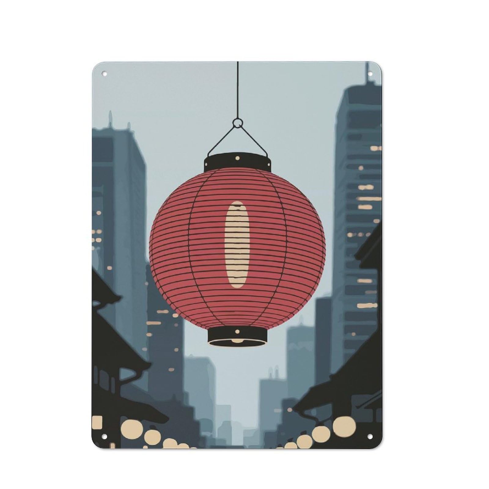 Junmoney Japanese Lantern In Cityscape Metal Sign 40X30cm With For Garage Wall, Vintage Decor, Winter Wall Decor For People Furnishing A Garage