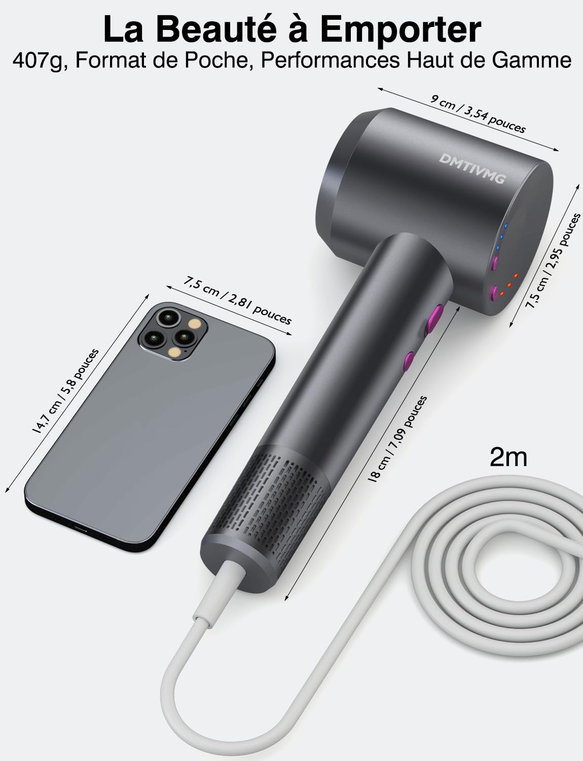 Sèche Cheveux Ionique 500 Millions Seche Cheveux Professionnel Séchage Ultra Rapide Type Salon Anti-Frisottis 160 000 tr/min Léger Faible Bruit Diffuseur Magnétique 4 Température (Gris Foncé)