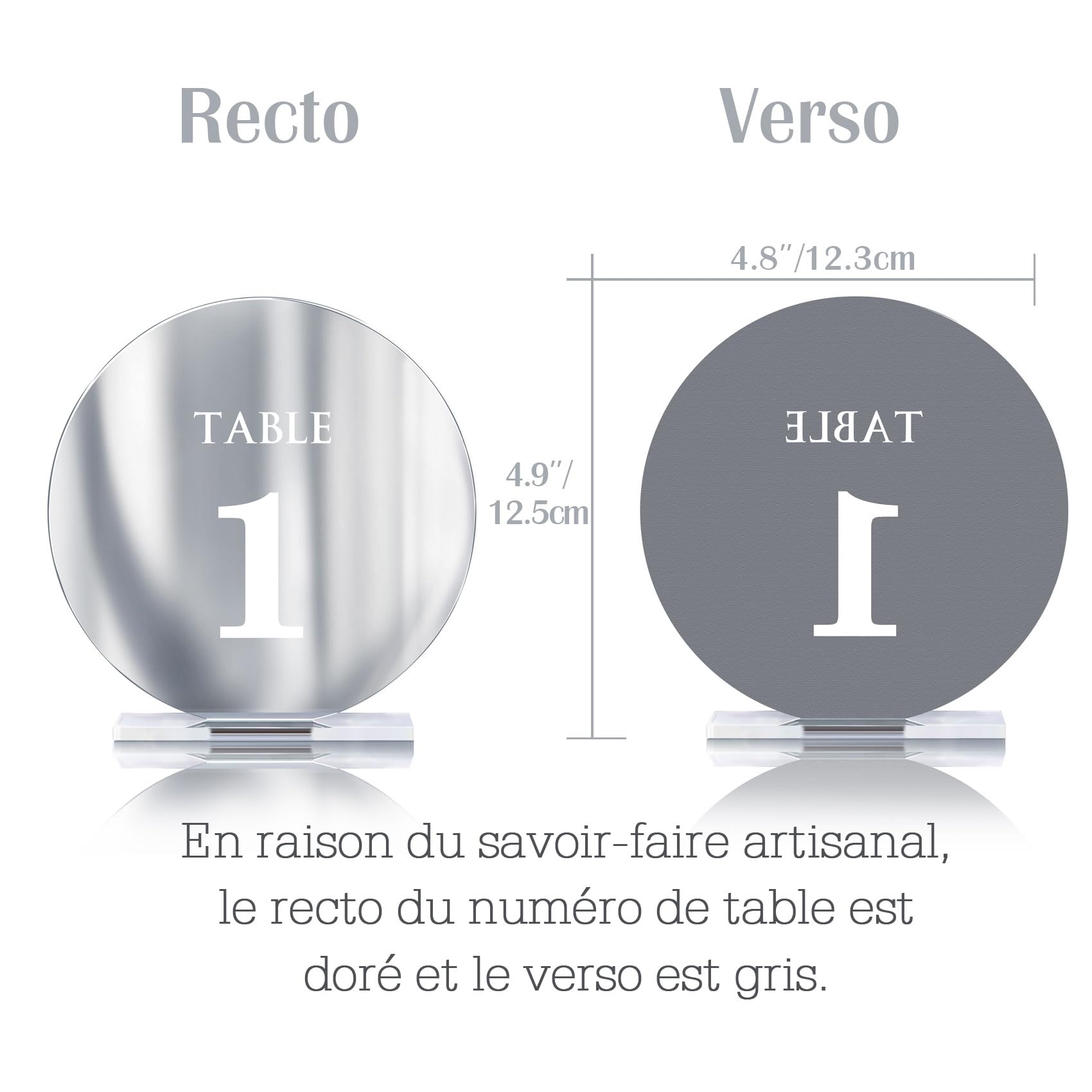 Numéros de table de mariage en acrylique de 1 à 15 avec supports, 12 cm, miroir rond doré, pour réception de mariage, fête, événement, décoration de centre de table (argent, 1 à 15)